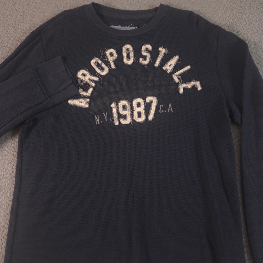 VINTAGE Aeropostale Shirt Mens XL Navy Waffle Knit Thermal Casual Distressed Y2K
